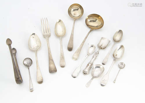 Thirteen items of Georgian and Victorian silver flatware, including two dessert spoons, a dinner