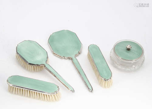 An Art Deco period silver and enamelled dressing table set by Adie Bros, comprising powder puff pot,