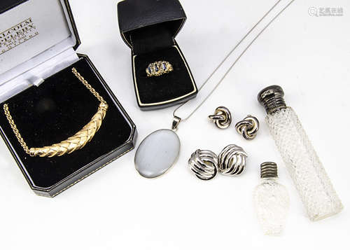 A small quantity of costume jewellery, including a 1960s textured and blue paste ring, dated 1969, a