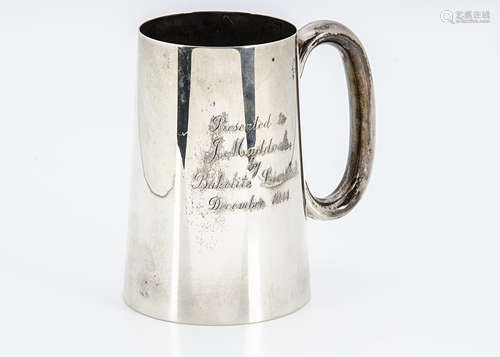 A George VI silver tankard by James Dixon & Sons, tapered with engraved inscription, 11.2 ozt, 13cm,