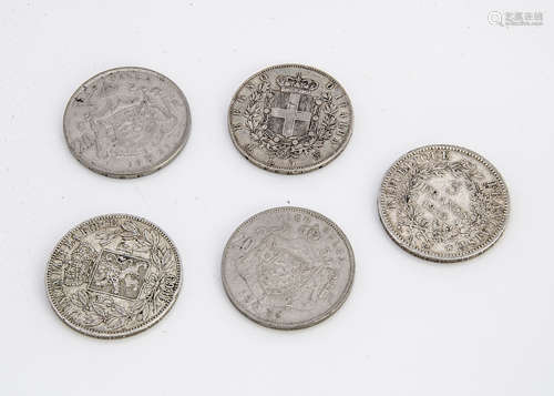 Five European coins, including an 1875 French 5 Francs, an 1872 Italian 5 Lire, A Belgium 1869 5