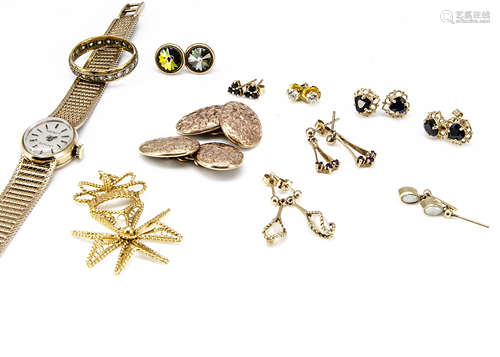 A collection of 9ct gold, including a lady's wristwatch, a Maltese cross pendant, a pair of 9ct gold