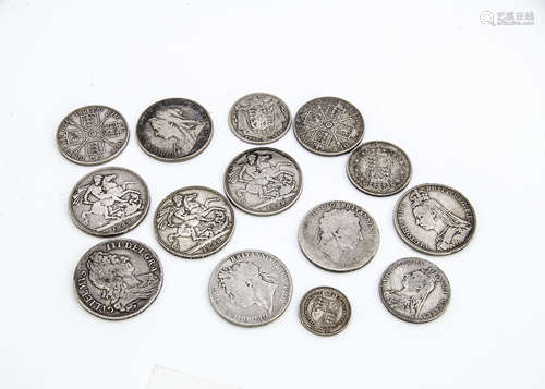 Ten Victorian coins, including five crowns, two double florins, two florins and a shilling, together