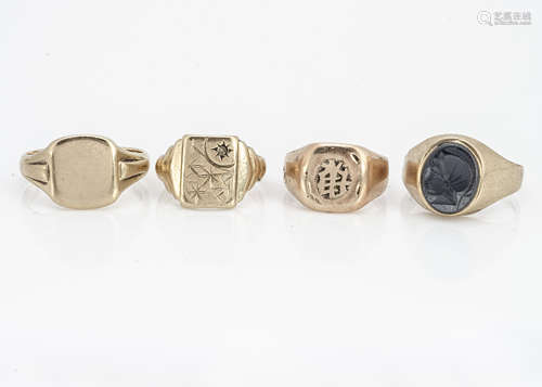 Four 9ct gold signet rings, comprising a plain form with Chinese script, ring size K, another with