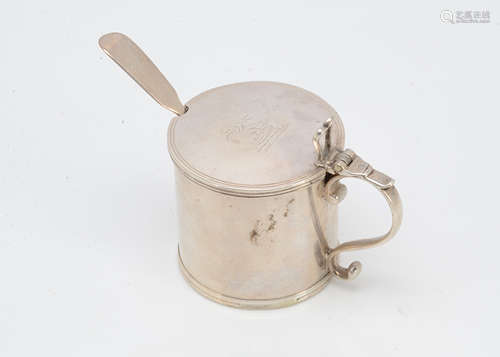 A nice George III silver mustard by W.A, engraved family crest to lid, repair to hinge, marked