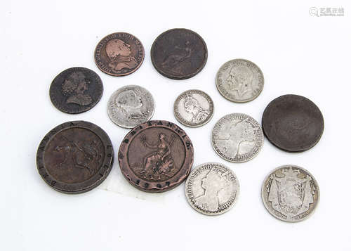 A collection of coins, including several pre-1946 examples, two 1797 two pennies, other British