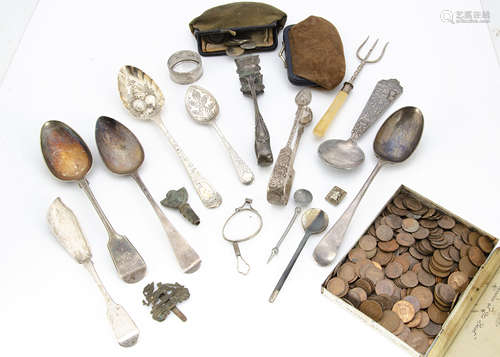 A collection of silver and silver plate and coins, including a silver berry tablespoon, a