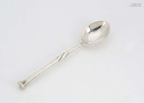 A 1930s silver coffee spoon from Omar Ramsden, square seal terminal on twist shaft with stylised rat