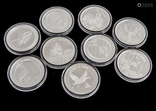 A set of nine modern Eastern Caribbean Central Bank 1oz fine silver coins, most dated 2018 (9)