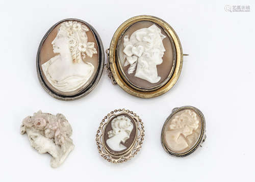 A collection of shell cameos, all in the classical taste, one framed in 9ct gold, 3.5g, two in white