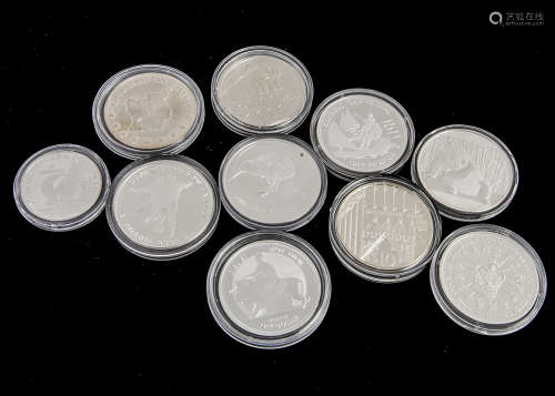 Ten modern silver and other proof like coins, including a New Zealand 2010 Kiwi Bird one dollar, a
