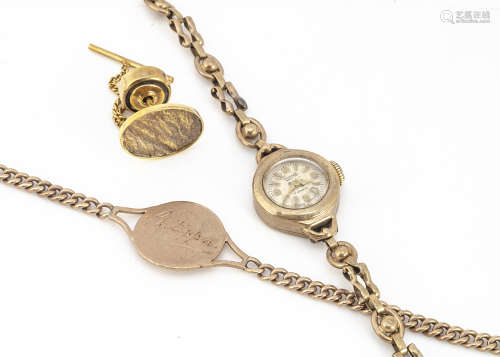 A collection of 9ct gold, comprising a lady's identity bracelet engraved Philippa with curbed