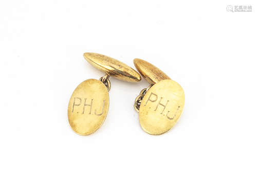 A pair of 18ct gold oval fronted chain linked and torpedo back cufflinks, engraved with initials