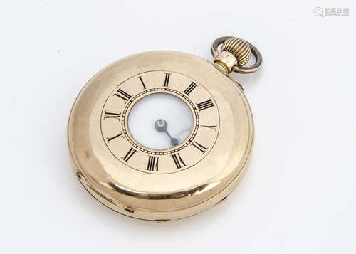 An early 20th Century continental yellow metal half hunter pocket watch, 50mm, marked 14k to front