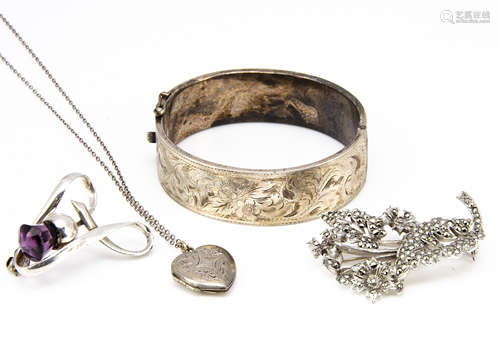 A silver heart shaped locket and chain, a Charles Horner hat pin top/brooch af, a silver hinged