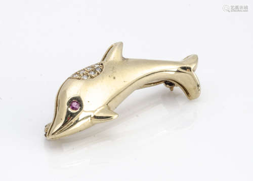 A contemporary continental 18ct gold diamond and ruby dolphin brooch, 3.4cm long, 4.5g
