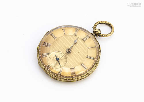 A late 19th Century continental yellow metal open faced pocket watch, 39mm, gilt dial, enamel