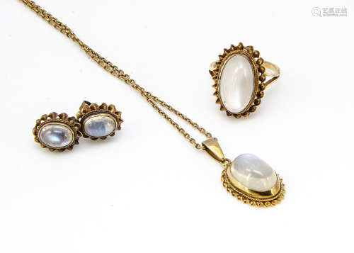 A collection of moonstone and gold jewellery, including a pair of ear studs, matching ring, ring