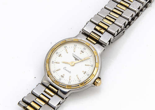 A c1980s Longines Conquest Quartz stainless steel lady's wristwatch, 22mm, white dial, case and