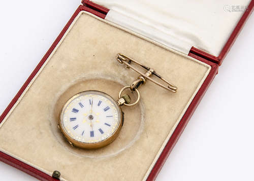 A late 19th Century continental yellow metal open faced pocket lady's watch, 31mm, marked 14k to