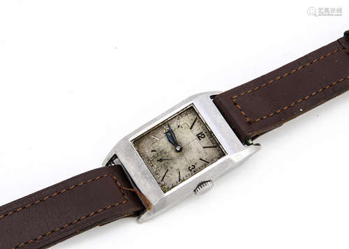 A 1930s Longines gentleman's wristwatch, 25mm wide rectangular chromed style case, dial worn and