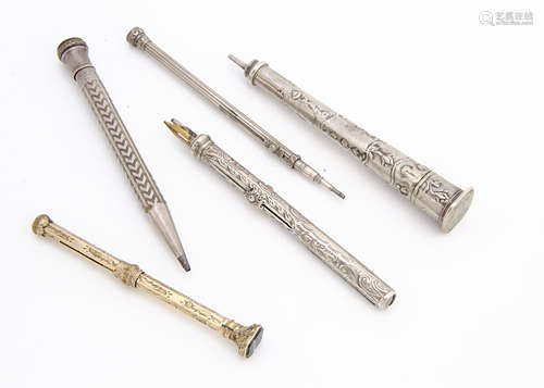 Five Victorian and later pens and pencils, including a gold plated retractable pencil with agate