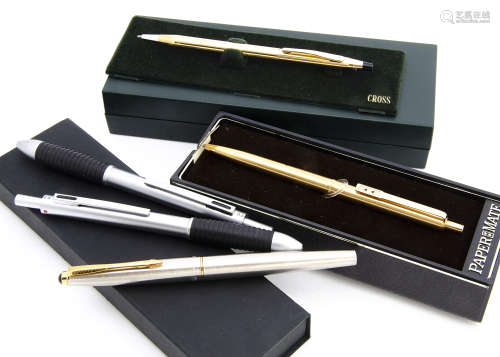 A small collection of pens, including a boxed Cross gilt biro, a Parker biro in box and others