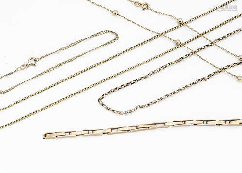 A collection of 9ct gold chains, including an expanding 9ct gold watch strap, a flattened curb