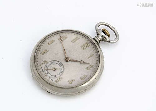 An Art Deco period open faced pocket watch, 43mm nickel case, balance wheel runs but not winding