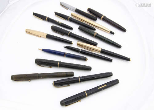 A collection of thirteen vintage fountain pens, including a Parker 45, a Relief, a Conway Stewart