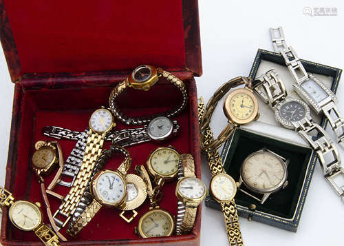 Four Deco period and later 9ct gold cased ladies wristwatches, one with a 9ct gold strap, together