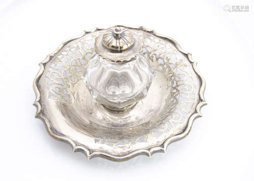 A good early Victorian silver and glass inkwell by Henry Wilkinson & Co, the circular base, 19cm,