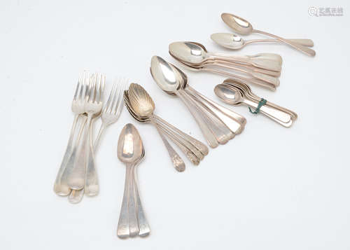 A collection of Georgian and later silver teaspoons and forks, including a set of five forks, a