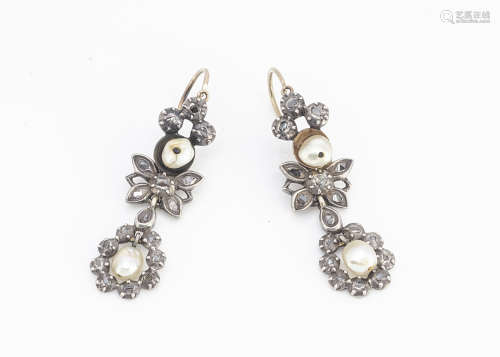 A pair of 19th Century Italian diamond and drop pearl earrings, the rough cut diamonds in silver