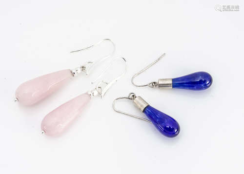 A pair of rose quartz and silver mounted ear drops, with loops, 5.5cm and a pair of Bristol blue