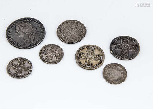 Seven George II silver coins, including a 1746 half crown, F, three shillings and three sixpences (