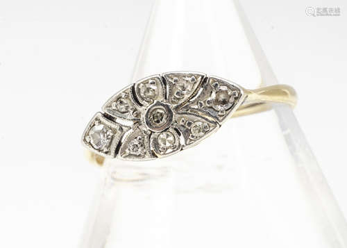 An Art Deco 18ct gold and platinum diamond set dress ring, of fan design, with eight cut diamonds,