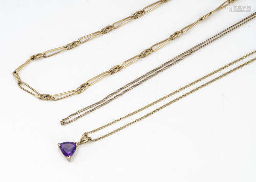 A 9ct gold curb link chain, amethyst pendant on a fine curb link chain and another gold chain, 11g