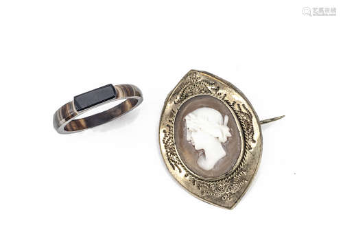 A 19th Century shell cameo and gilt metal oval brooch, 3.3cm x 3cm and a 19th Century agate ring,