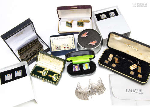 A part Art Deco gold on silver dress set, cased together with various other cufflinks and two silver