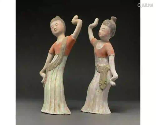 STUNNING PAIR OF CHINESE TANG POTTERY DANCING LADIES