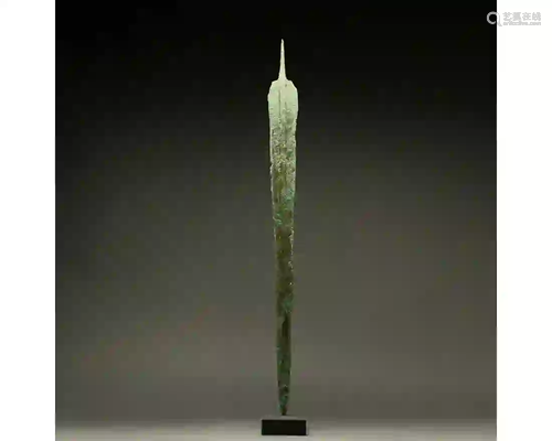 LARGE ANCIENT BRONZE SWORD ON STAND - SUPERB PATINA