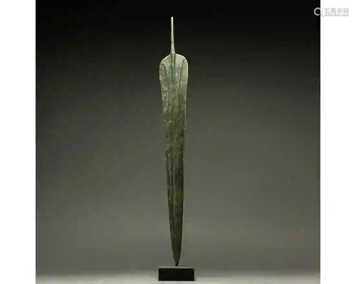 ANCIENT BRONZE SWORD ON STAND - SUPERB PATINA