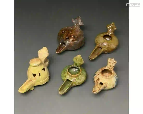 COLLECTION OF 5 GLAZED SELJUK OIL LAMPS