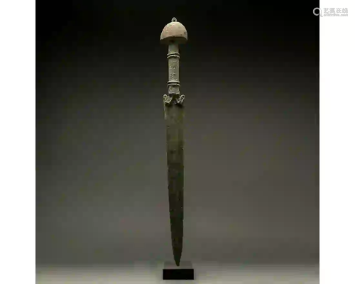 RARE ANCIENT BRONZE SWORD WITH STONE POMEL