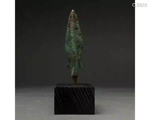 ANCIENT BRONZE SPEAR HEAD ON STAND