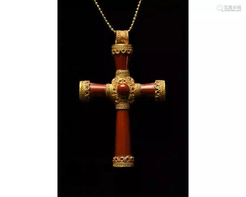 BYZANTINE GOLD AND AGATE CROSS PENDANT - XRF TESTED