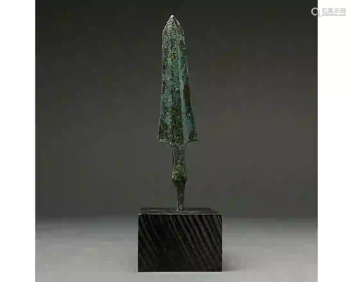 ANCIENT BRONZE SPEAR HEAD ON STAND