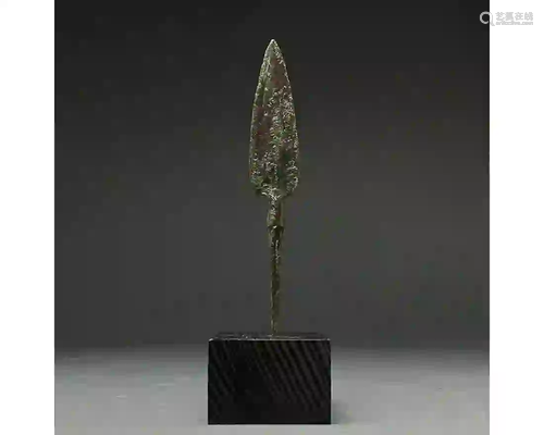 ANCIENT BRONZE SPEAR HEAD ON STAND