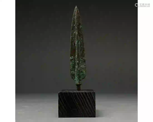 ANCIENT BRONZE SPEAR HEAD ON STAND